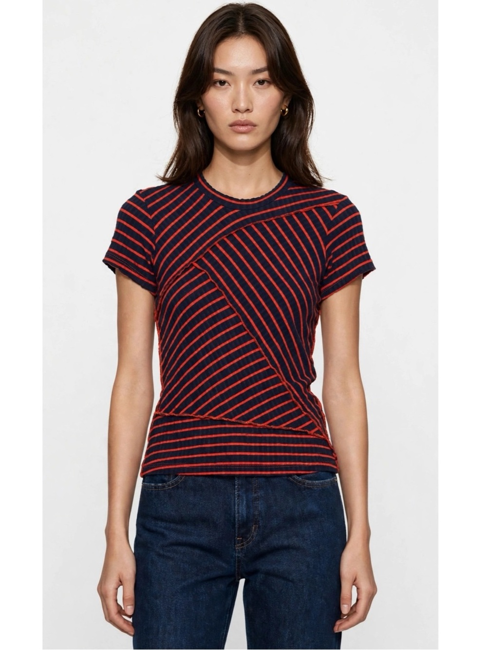 Rachel Comey || Asymmetrical Patch Tee in Leisure Stripe Ribbed Navy Blue XS